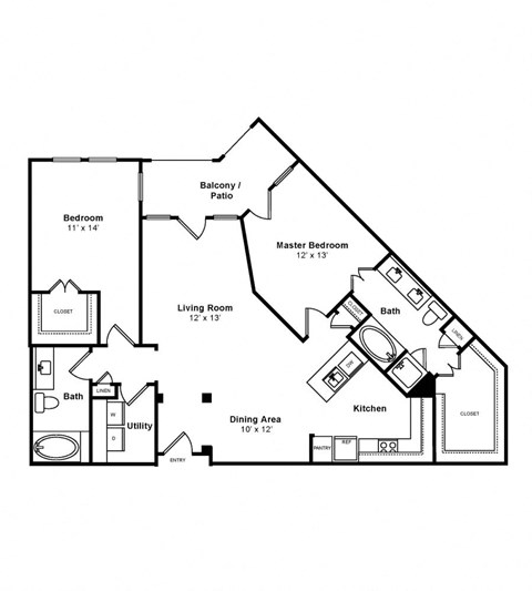 Floor plan for 2 beds, 2 baths, 1275 sqft